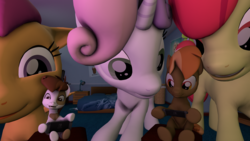 Size: 2000x1125 | Tagged: safe, artist:jeroen01, apple bloom, button mash, pipsqueak, scootaloo, sweetie belle, earth pony, pegasus, pony, unicorn, g4, 3d, bed, bedroom, cutie mark crusaders, female, filly, macro, macro/micro, male, nintendo switch, open mouth, request, size difference, source filmmaker