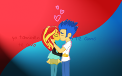 Size: 900x563 | Tagged: artist needed, source needed, safe, edit, flash sentry, sunset shimmer, equestria girls, g4, female, kissing, male, ship:flashimmer, shipping, spanish, straight, wallpaper