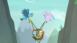Size: 1366x768 | Tagged: safe, applejack, gallus, rainbow dash, silverstream, classical hippogriff, earth pony, griffon, hippogriff, pegasus, pony, g4, non-compete clause, cage, carrying, female, flying, looking down, male, mare, vine