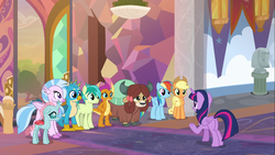 Size: 1366x768 | Tagged: safe, screencap, applejack, gallus, ocellus, rainbow dash, sandbar, silverstream, smolder, twilight sparkle, yona, alicorn, changedling, changeling, classical hippogriff, dragon, earth pony, griffon, hippogriff, pegasus, pony, yak, g4, non-compete clause, bow, butt, cloven hooves, colored hooves, cowboy hat, dragoness, female, hair bow, hat, jewelry, male, mare, monkey swings, necklace, plot, student six, teenager, twilight sparkle (alicorn)