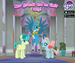 Size: 940x788 | Tagged: safe, gameloft, gallus, ocellus, sandbar, changedling, changeling, earth pony, griffon, pony, g4, official, advertisement, crossed arms, female, male, my little pony logo, spread wings, teenager, trio, wings