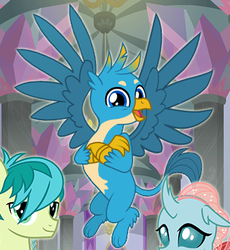 Size: 361x393 | Tagged: safe, gameloft, gallus, ocellus, sandbar, changedling, changeling, earth pony, griffon, pony, g4, cropped, crossed arms, cute, female, flying, gallabetes, majestic, male, paws, smiling, solo focus, spread wings, tail, wings