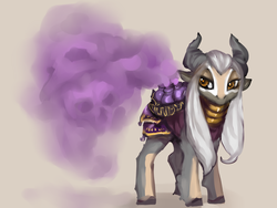 Size: 1024x772 | Tagged: safe, artist:elkaart, oc, oc only, goat, bottle, clothes, female, gradient background, horns, neck rings, skull, smoke, solo