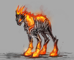 Size: 900x726 | Tagged: safe, artist:elkaart, oc, oc only, demon pony, golem, original species, armor, fire, glowing eyes, gradient background, solo