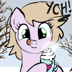 Size: 2100x2100 | Tagged: safe, artist:lannielona, pony, advertisement, bare tree, chocolate, commission, cream, cross-eyed, food, high res, hot chocolate, hot drink, licking, licking lips, mountain, mug, sketch, smiling, snow, solo, steam, tongue out, tree, whipped cream, your character here