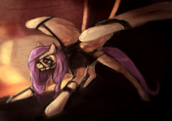 Size: 1154x816 | Tagged: safe, artist:elkaart, fluttershy, pegasus, pony, g4, bit, bridle, crouching, female, harness, mare, solo, spread wings, tack, wings