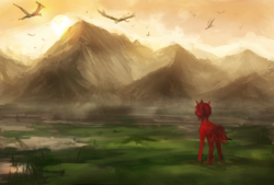 Size: 1011x684 | Tagged: safe, artist:elkaart, oc, oc only, dragon, pony, unicorn, commission, mountain, scenery, solo focus