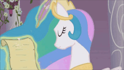 Size: 480x270 | Tagged: safe, edit, edited screencap, screencap, princess celestia, pony, g4, the crystal empire, animated, caption, female, floating, frown, gif, gif with captions, glowing horn, horn, image macro, impact font, irritated, letter, magic, meme, quill, solo, text