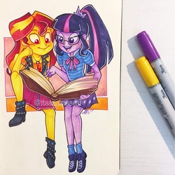 Size: 1080x1078 | Tagged: safe, artist:antych, sci-twi, sunset shimmer, twilight sparkle, equestria girls, equestria girls series, g4, book, cute, female, geode of empathy, geode of telekinesis, lesbian, magical geodes, pens, reading, shimmerbetes, ship:sci-twishimmer, ship:sunsetsparkle, shipping, twiabetes