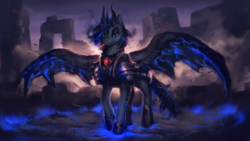 Size: 1290x730 | Tagged: safe, artist:elkaart, princess luna, alicorn, pony, g4, armor, commission, female, horns, hybrid wings, looking at you, magic, mare, ruins, solo, spread wings, wings