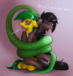 Size: 3278x3446 | Tagged: safe, artist:fenixdust, oc, oc:blocky bits, oc:ivy, pony, snake, unicorn, clothes, dialogue, duo, female, high res, kaa eyes, mind control, this will end in vore