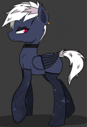 Size: 1365x1982 | Tagged: safe, alternate version, artist:pinkberry, oc, oc only, oc:dusk rime, bat pony, pony, alternate clothes, blank flank, choker, clothes, collar, female, fishnet stockings, gray background, jewelry, makeup, piercing, punk, ripped stockings, simple background, solo, stockings, thigh highs, torn clothes