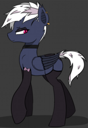 Size: 1363x1998 | Tagged: safe, alternate version, artist:pinkberry, oc, oc only, oc:dusk rime, bat pony, pony, alternate clothes, blank flank, bow, choker, clothes, collar, female, garter belt, garters, gray background, jewelry, makeup, piercing, punk, simple background, solo, stockings, thigh highs