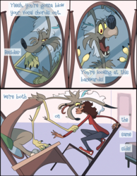 Size: 815x1052 | Tagged: safe, artist:sharkrags, discord, oc, human, g4, alternate design, bedroom, comic, eris, mirror, rule 63