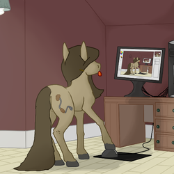 Size: 500x500 | Tagged: safe, artist:autumnbramble, oc, oc only, oc:autumn bramble, earth pony, pony, :p, butt, computer, computer mouse, desk, dexterous hooves, droste effect, female, inception, mare, monitor, plot, recursion, silly, solo, tongue out