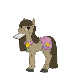 Size: 500x500 | Tagged: safe, artist:autumnbramble, oc, oc only, oc:autumn bramble, earth pony, pony, clipboard, colored hooves, mouth hold, saddle bag, simple background, solo, white background