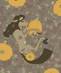 Size: 500x600 | Tagged: safe, artist:autumnbramble, oc, oc only, oc:autumn bramble, earth pony, pony, leaves, licking, pumpkin, solo, tongue out