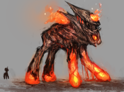 Size: 900x671 | Tagged: safe, artist:elkaart, oc, oc only, golem, original species, pony, unicorn, fire, glowing, glowing eyes, gradient background, gray background, lava, simple background, size difference