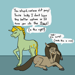 Size: 500x500 | Tagged: safe, artist:autumnbramble, oc, oc only, oc:autumn bramble, oc:marigold field, earth pony, pony, unicorn, braid, colored hooves, consensual abuse, crying, dialogue, female, lesbian, oc x oc, shipping, verbal abuse
