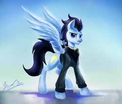 Size: 2880x2448 | Tagged: safe, artist:light-of-inirida, oc, oc only, oc:lightning, pegasus, pony, clothes, high res, male, not soarin, pegasus oc, signature, smiling, solo, spread wings, stallion, wings