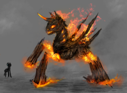 Size: 900x657 | Tagged: safe, artist:elkaart, oc, oc only, golem, original species, pony, fire, glowing eyes, horn, mane of fire, size difference, smoke