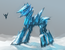 Size: 1024x792 | Tagged: safe, artist:elkaart, oc, oc only, golem, original species, pegasus, pony, gradient background, ice, size difference, snow