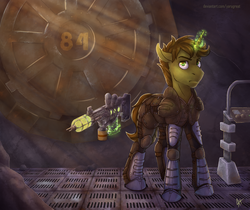 Size: 2500x2100 | Tagged: safe, artist:yarugreat, oc, oc only, oc:scrap heap, pony, unicorn, fallout equestria, commission, fanfic art, glasses, glowing horn, gun, high res, horn, magic, male, solo, stallion, telekinesis, vault, weapon