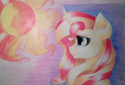 Size: 1060x720 | Tagged: safe, artist:rimmes-broose, sunset shimmer, pony, unicorn, g4, bust, cutie mark background, ear fluff, female, mare, pencil drawing, profile, smiling, solo, traditional art