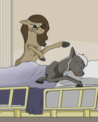 Size: 668x832 | Tagged: safe, artist:autumnbramble, oc, oc only, oc:autumn bramble, oc:woewhinny, earth pony, pony, unicorn, bed, bipedal, crying, female, floppy ears, frown, glasses, hospital, hospital bed, leg fluff, loss (meme), male, mare, on side, open mouth, rearing, sad, stallion, underhoof