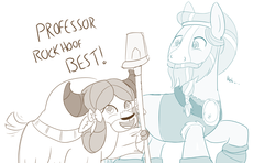 Size: 1137x673 | Tagged: safe, artist:sintakhra, rockhoof, yona, earth pony, pony, yak, tumblr:studentsix, g4, beard, bow, clothes, cloven hooves, duo, facial hair, female, hair bow, hoof hold, looking at each other, male, monkey swings, moustache, rockhoof's shovel, shovel, simple background, smiling, stallion, white background