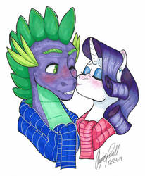 Size: 1280x1555 | Tagged: safe, artist:whisperseas, rarity, spike, dragon, pony, unicorn, g4, 2017, blushing, cheek kiss, clothes, duo, eyes closed, eyeshadow, female, kissing, makeup, male, mare, older, older spike, one eye closed, scarf, ship:sparity, shipping, signature, simple background, straight, white background, winter