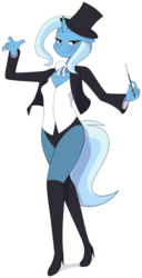Size: 1626x3169 | Tagged: safe, artist:furrgroup, trixie, unicorn, anthro, plantigrade anthro, g4, beautiful, black underwear, bow, bowtie, clothes, cute, female, hat, high heels, looking at you, mare, panties, shoes, simple background, smiling, socks, solo, suit, thigh highs, underwear, white background