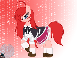 Size: 814x617 | Tagged: safe, artist:xxalymetalgirlxx, pony, ahoge, bedroom eyes, blue eyes, bow, clothes, high school dxd, japanese school uniform, lace, pleated skirt, ponified, raised hoof, red hair, red mane, red tail, redhead, rias gremory, ribbon, school uniform, schoolgirl, shoes, skirt, solo, sparkly eyes, stockings, thigh highs, watermark