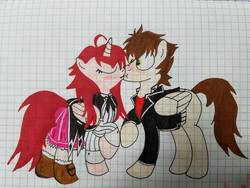 Size: 1008x756 | Tagged: safe, artist:shortydante, alicorn, pegasus, pony, ahoge, blushing, bow, brown hair, brown mane, brown tail, clothes, couple, eyes closed, graph paper, high school dxd, issei hyoudou, jacket, japanese school uniform, kissing, non-mlp shipping, pleated skirt, ponified, red hair, red mane, red tail, redhead, rias gremory, ribbon, school uniform, schoolgirl, shipping, shocked expression, shoes, skirt, socks, stockings, thigh highs, traditional art, yellow eyes