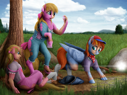 Size: 1000x750 | Tagged: safe, artist:geoffrey mcdermott, danny williams, megan williams, molly williams, earth pony, pegasus, pony, unicorn, g1, clothes, human to pony, lens flare, mid-transformation, ponified, pony megan, torn clothes, transformation