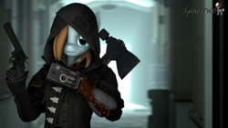 Size: 1920x1080 | Tagged: safe, artist:spinostud, anthro, 3d, assassin's creed, axe, camera, clothes, coat, gloves, gun, hair over one eye, hallway, handgun, hood, looking at you, revolver, source filmmaker, weapon