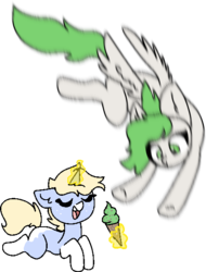 Size: 443x584 | Tagged: safe, artist:nootaz, oc, oc only, oc:minty, oc:nootaz, pegasus, pony, unicorn, eyes on the prize, food, ice cream, motion blur, simple background, stealing candy from a baby, transparent background