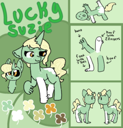 Size: 940x980 | Tagged: safe, artist:nootaz, oc, oc only, oc:lucky suzie, pony, unicorn, cute, female, parent:oc:anon, reference sheet