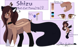 Size: 2228x1340 | Tagged: safe, artist:sora-choi, oc, oc only, oc:shizu, bat pony, hybrid, pony, augmented tail, fangs, female, mare, reference sheet, solo