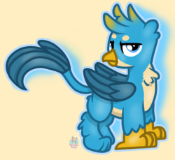 Size: 1219x1118 | Tagged: safe, artist:rainbow eevee, gallus, griffon, g4, looking at you, male, simple background, solo, standing, yellow background