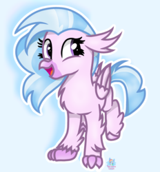 Size: 1147x1234 | Tagged: safe, artist:rainbow eevee, silverstream, classical hippogriff, hippogriff, g4, blue background, cute, diastreamies, female, open mouth, simple background, smiling, solo