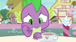Size: 1280x720 | Tagged: safe, screencap, spike, dragon, g4, season 7, triple threat, claws, disappointed, male, ponyville, solo, table, uneasy, upset