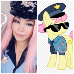 Size: 3464x3464 | Tagged: safe, artist:blah23z, color edit, edit, copper top, fluttershy, earth pony, human, pony, g4, alternate cutie mark, belle delphine, colored, cuffs, earth pony fluttershy, female, guffs, hat, high res, irl, irl human, mare, necktie, photo, police, police officer, police pony, police uniform, race swap, recolor, solo, sunglasses