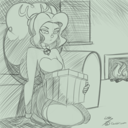 Size: 1280x1280 | Tagged: safe, artist:7los7, adagio dazzle, equestria girls, g4, animal costume, bell, bell collar, clothes, collar, costume, female, fire, fireplace, monochrome, present, reindeer costume, simple background, sketch, solo