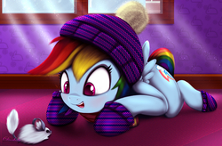 Size: 5120x3360 | Tagged: safe, artist:darksly, rainbow dash, pony, winterchilla, g4, my little pony best gift ever, my little pony: friendship is magic, absurd resolution, beanie, boots, clothes, crepuscular rays, cute, dashabetes, gloves, hat, looking at something, open mouth, prone, shoes, winter outfit