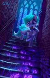 Size: 1791x2756 | Tagged: safe, artist:holivi, oc, oc only, pegasus, pony, commission, crystal, female, mare, mouth hold, solo, stairs