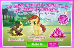 Size: 1040x686 | Tagged: safe, gameloft, hyper sonic, lemon crumble, pegasus, pony, g4, my little pony: magic princess, advertisement, background pony, captain obvious, costs real money, female, filly, foal, friendly, friendship student, gem, introduction card, sale, sincere friendship student