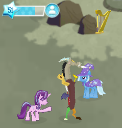 Size: 293x307 | Tagged: safe, gameloft, discord, starlight glimmer, trixie, draconequus, pony, unicorn, g4, female, game screencap, gameloft shenanigans, harp, hat, hooves, horn, horns, male, mare, musical instrument, rock, trio