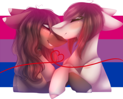 Size: 3111x2498 | Tagged: safe, artist:mauuwde, oc, oc only, oc:leafy, oc:maude, earth pony, pony, bisexual pride flag, bisexuality, female, high res, kissing, lesbian, lgbt, mare, oc x oc, pride, pride flag, red string of destiny, shipping