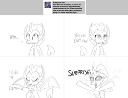 Size: 2334x1780 | Tagged: safe, artist:sintakhra, ocellus, smolder, changedling, changeling, tumblr:studentsix, g4, ask, disguise, disguised changeling, lineart, monochrome, tumblr